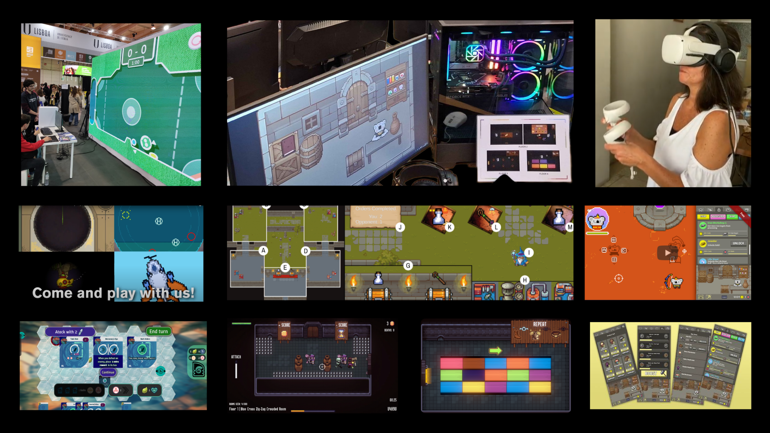 Jogos desenvolvidos em ciências. Uma grelha a mostrar jogos 2D com variedade. Desde jogos com avião, submarino, a um jogo num ecrã gigante de deporto, uma pessoa a usar realidade virtual, um pc com um jogo a correr que parece uma loja, jogos de telemóvel, vários deles mostram uma personagem a correr rodeada de inimigos.